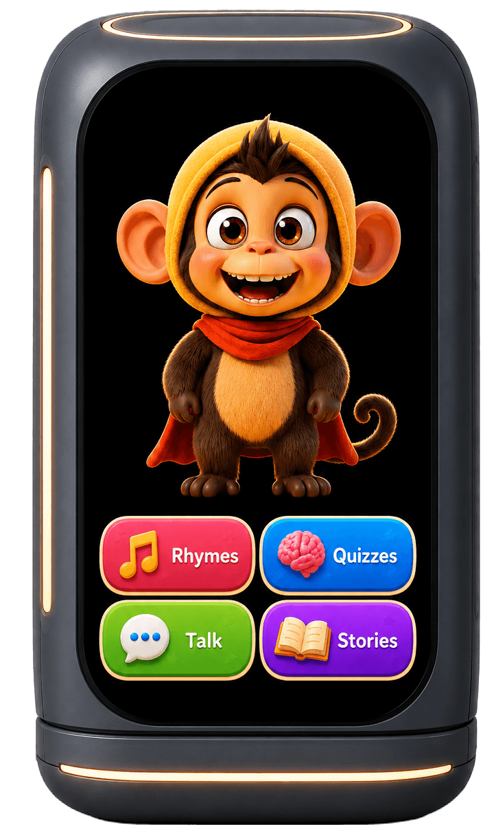 The Gulsabi AI buddy device, showing rhymes, quizzes, talk and stories